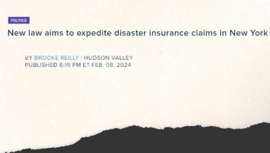 News headline reading: New law aims to expedite disaster insurance claims in New York
