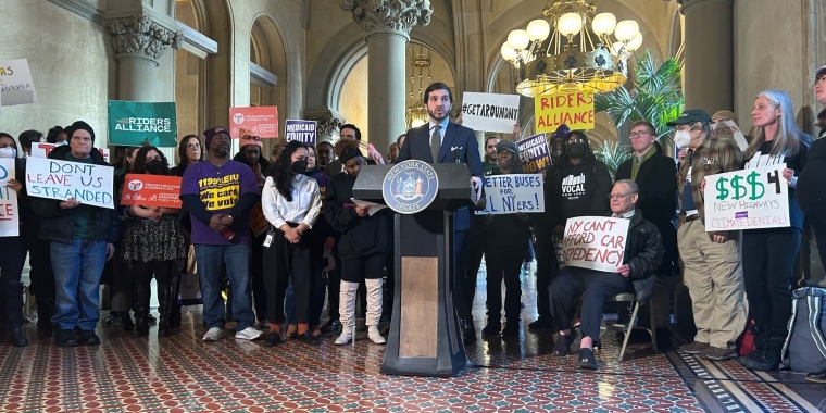 Senator Andrew Gounardes stands with transportation advocates to call for true freedom of mobility for all New Yorkers.