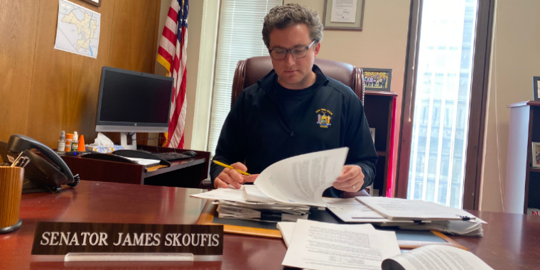 Senator James Skoufis reviews document and information submissions by utilities, power providers, and stakeholders in his Albany office as part of an ongoing Senate probe he's leading into utility price hikes