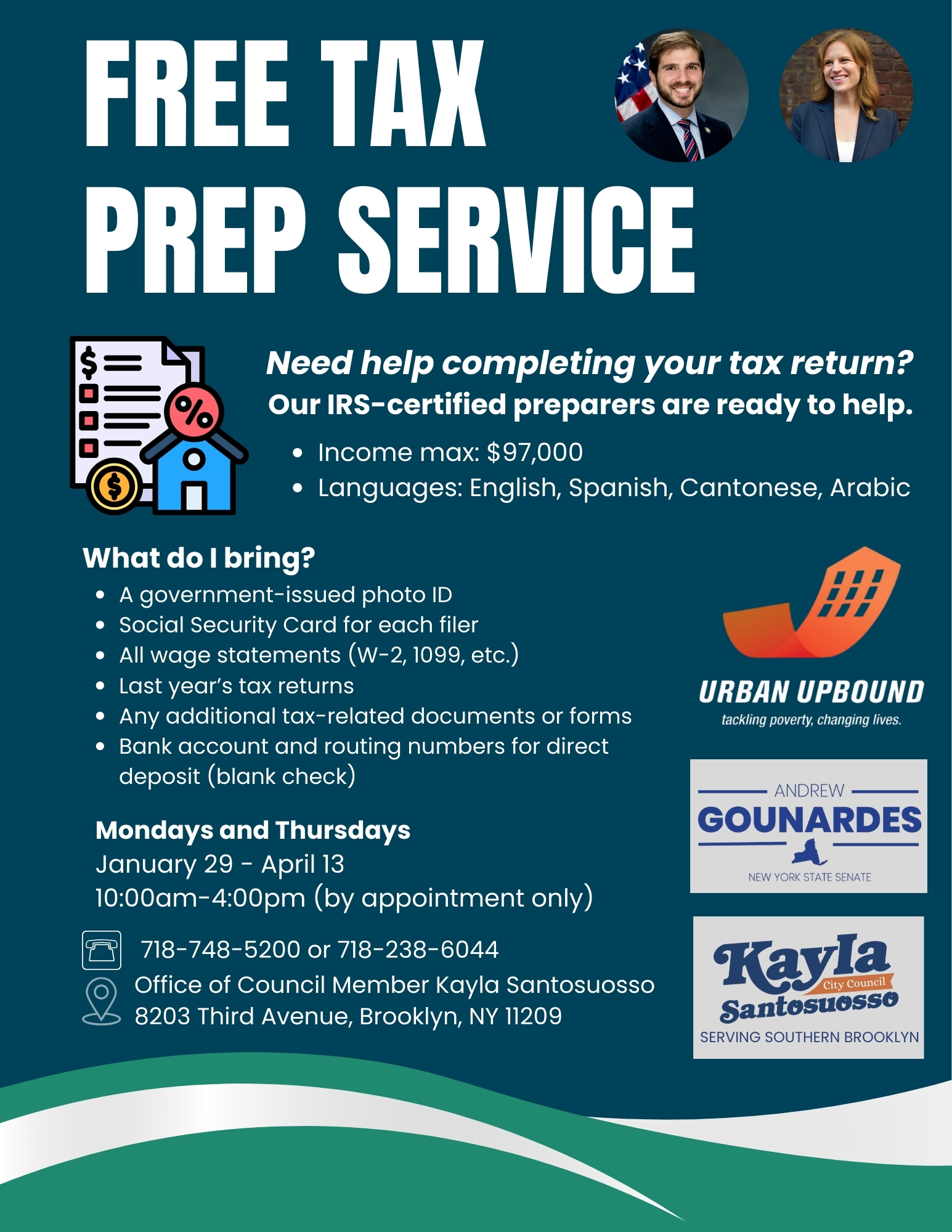 Flier for Sen. Gounardes' free tax prep service.