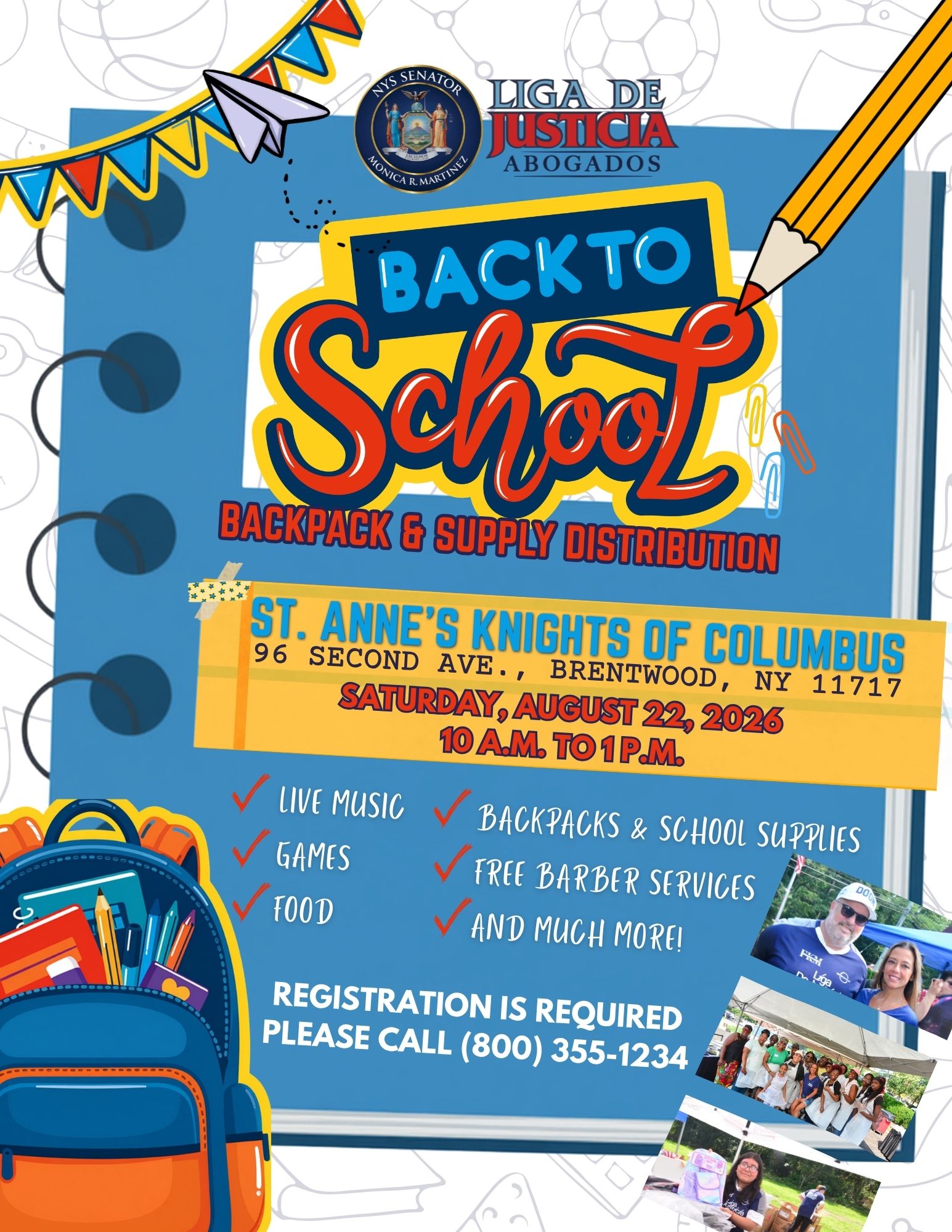 Image of State Senator Monica R. Martinez's 2026 Back to School Backpack and School Supply Distribution Event Flyer in English.