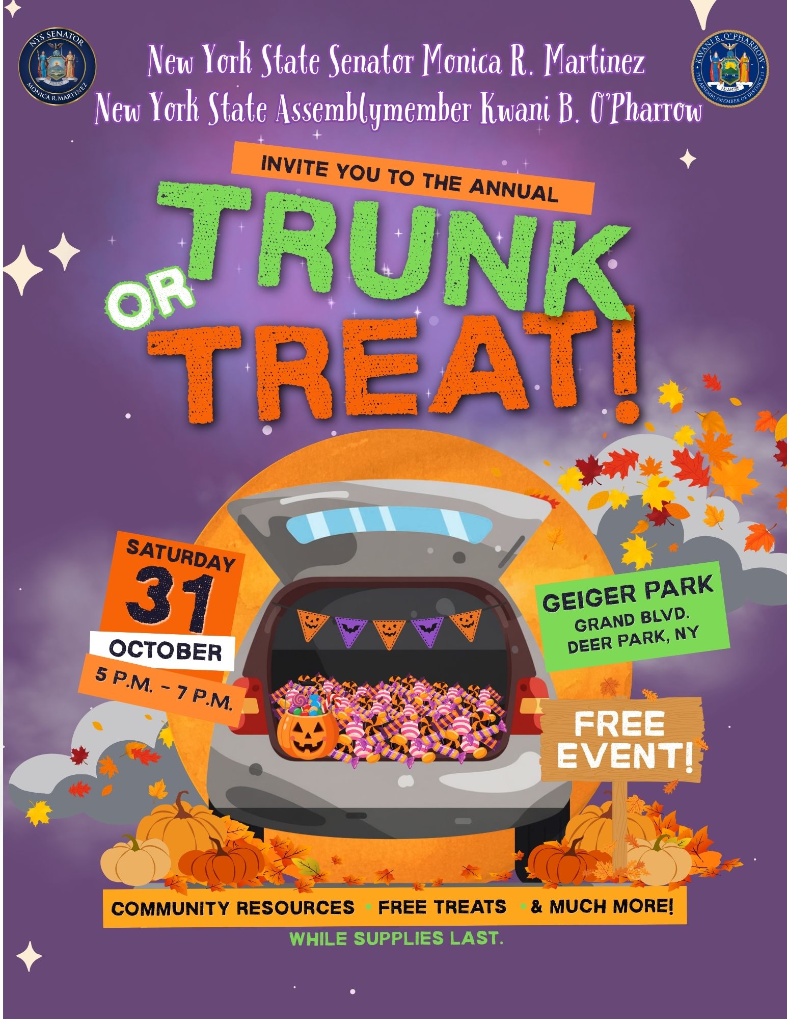 Image of Senator Martinez's 2026 Trunk or Treat Flyer - English Version