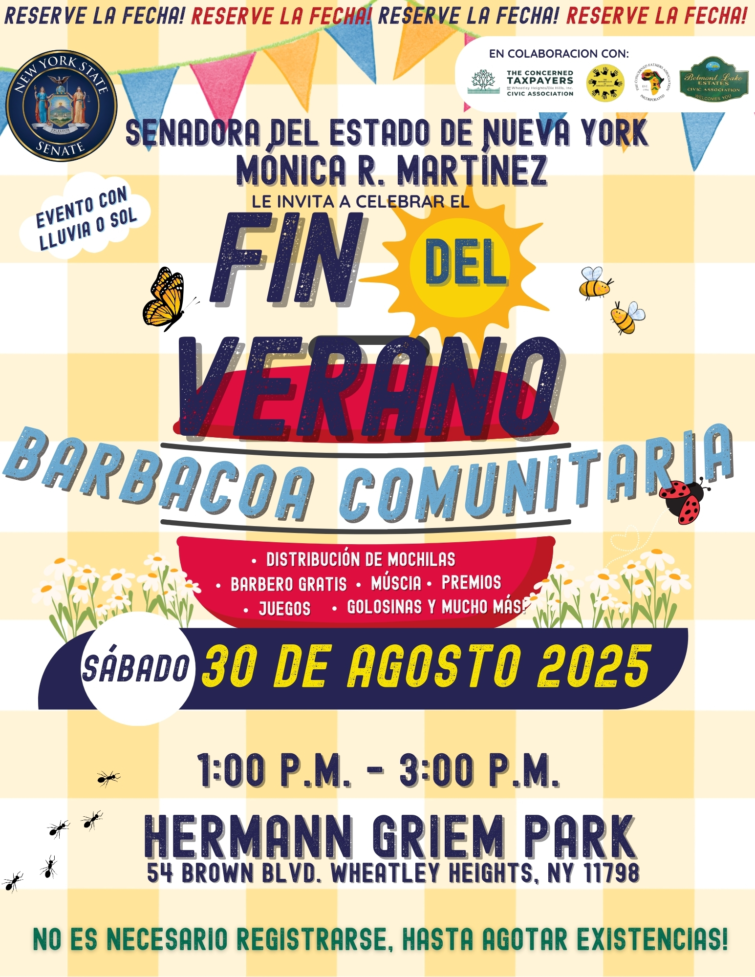 A photo image of the Spanish language flyer announcing a Wheatley Heights End of Summer BBQ on Saturday, Aug. 30, 2025 from 1 p.m. to 3 p.m.