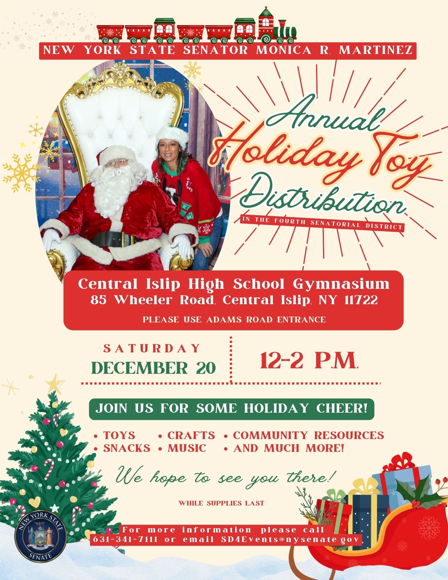 Image of full flyer for Senator Martinez's toy distribution event with time, date and location details.