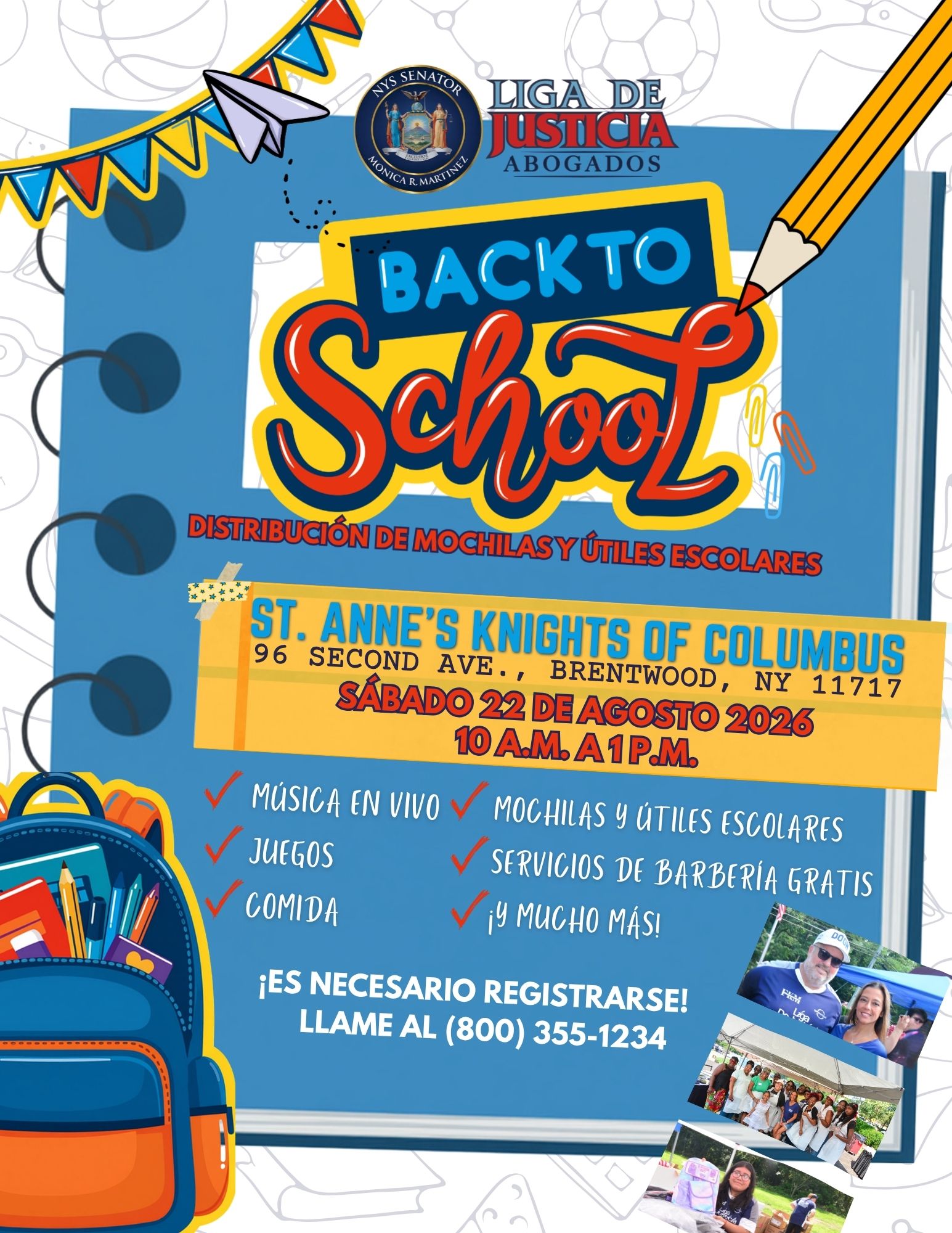 Image of State Senator Monica R. Martinez's 2026 Back to School Backpack and School Supply Distribution Event Flyer in Spanish.