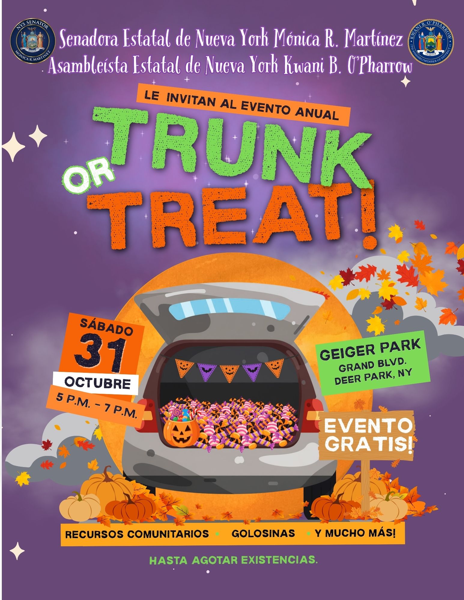 Image of Senator Martinez's 2026 Trunk or Treat Flyer - Spanish Version