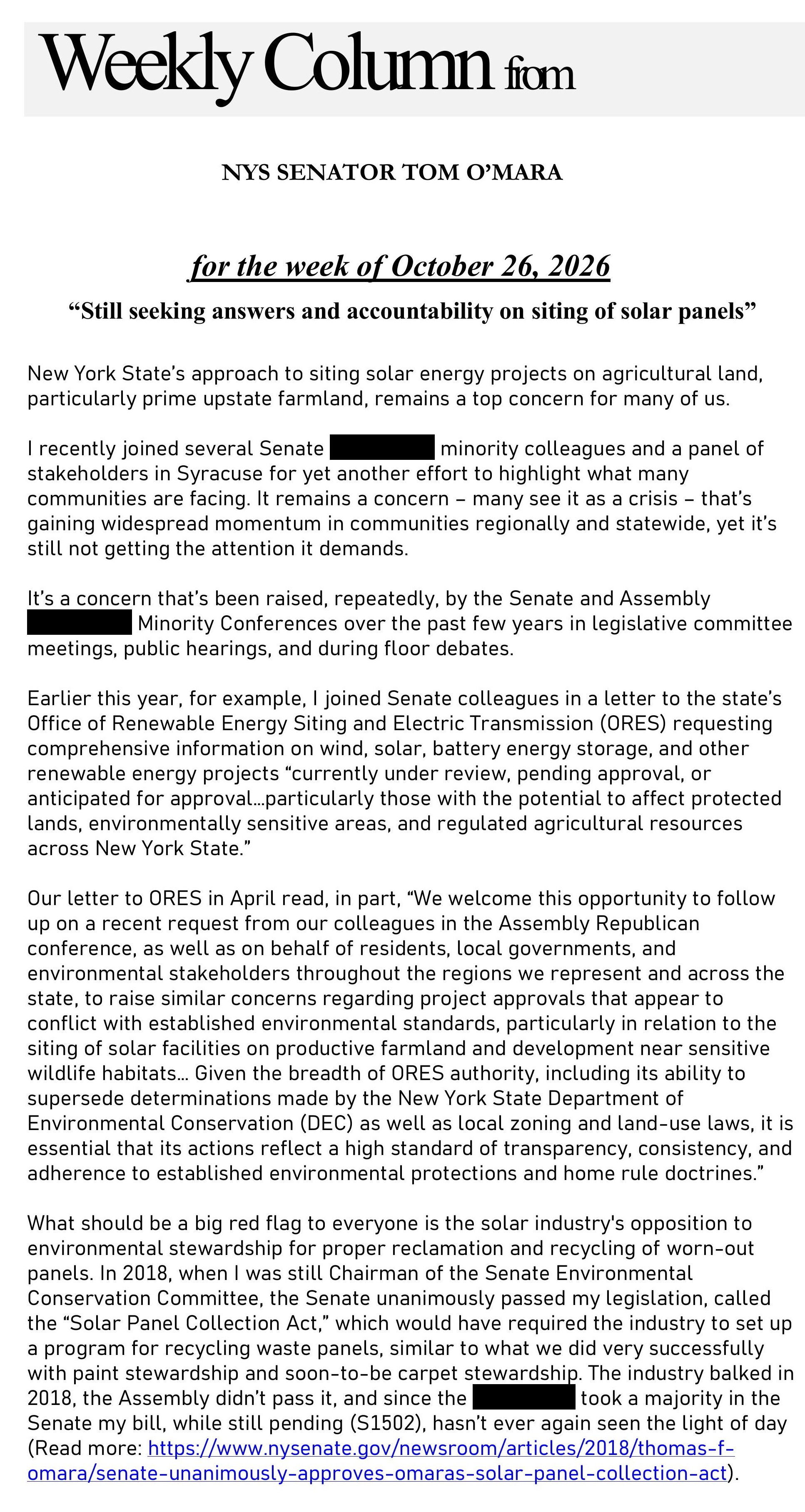 Senator O'Mara's weekly column 'From the Capitol' -- for the week of ...