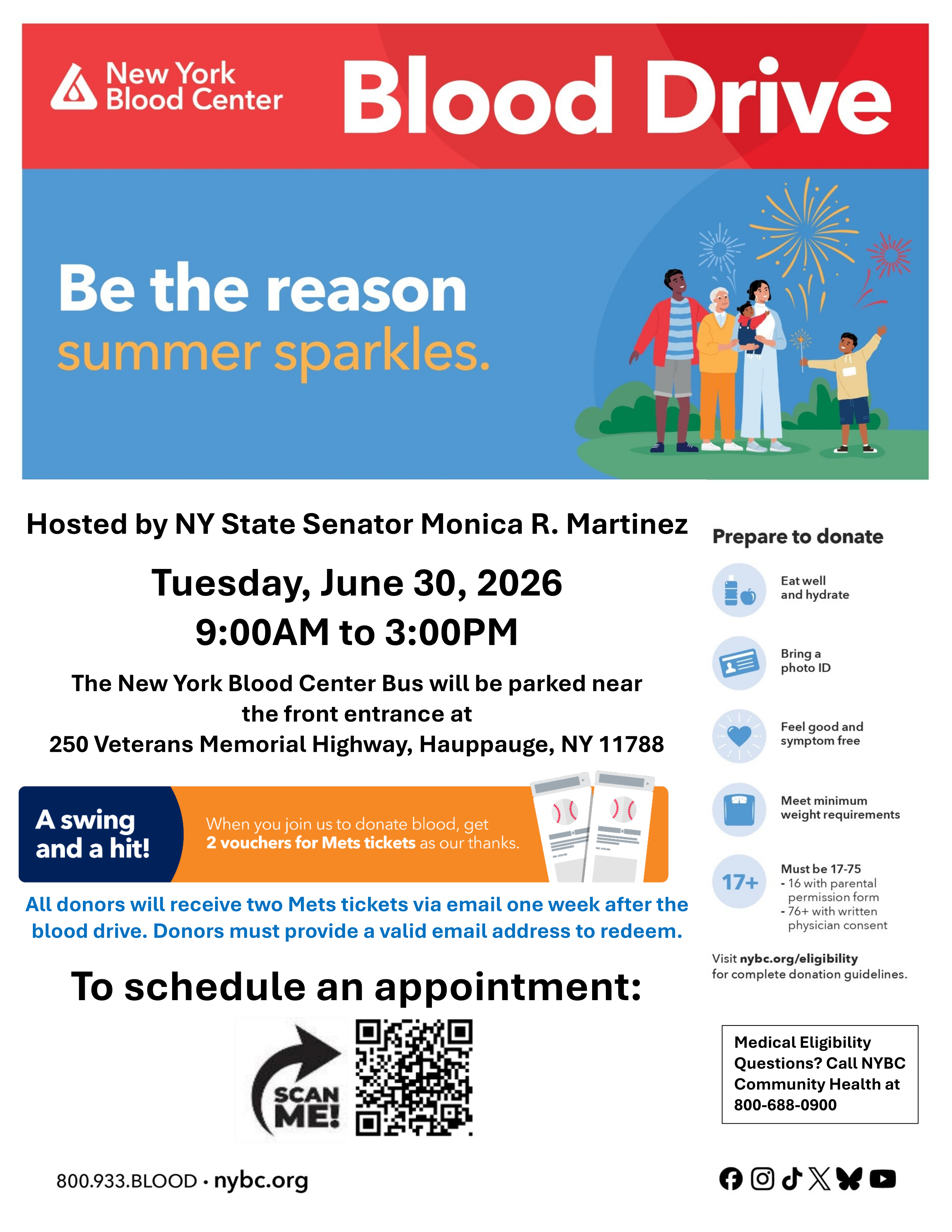 Image of Senator Martinez's June 30, 2026 Blood Drive Flyer.