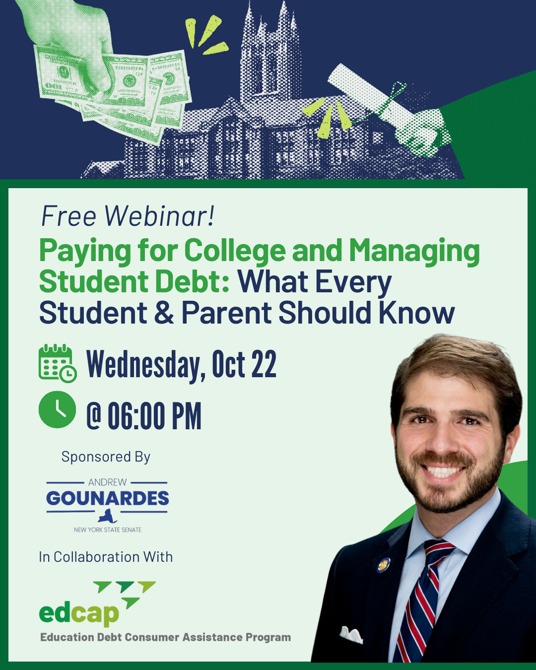 A flier for the event "Paying for College and Managing Student Debt: What Every Student and Parent Should Know"