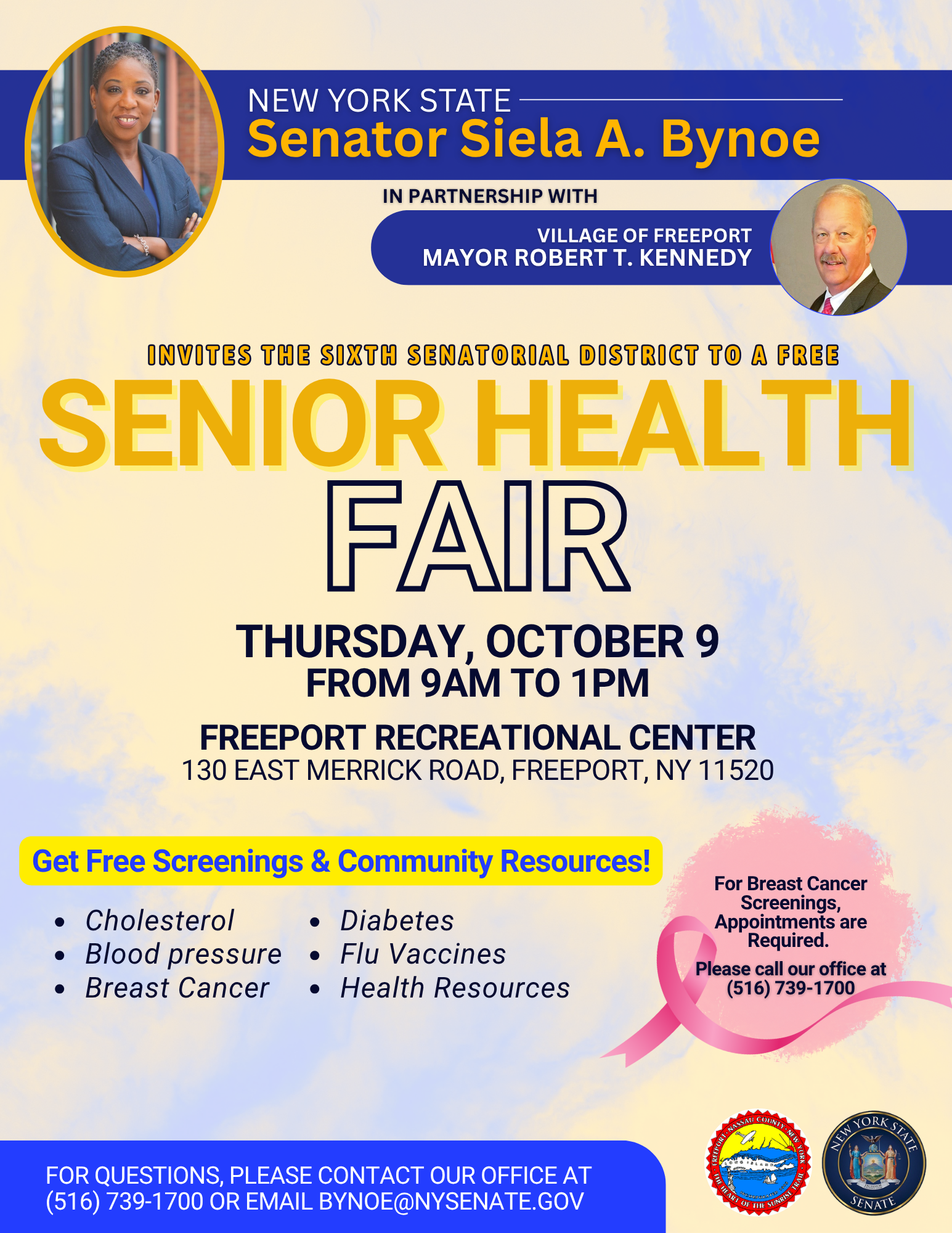 flyer for Senator Bynoe's Senior Health Fair at the Freeport Rec Center