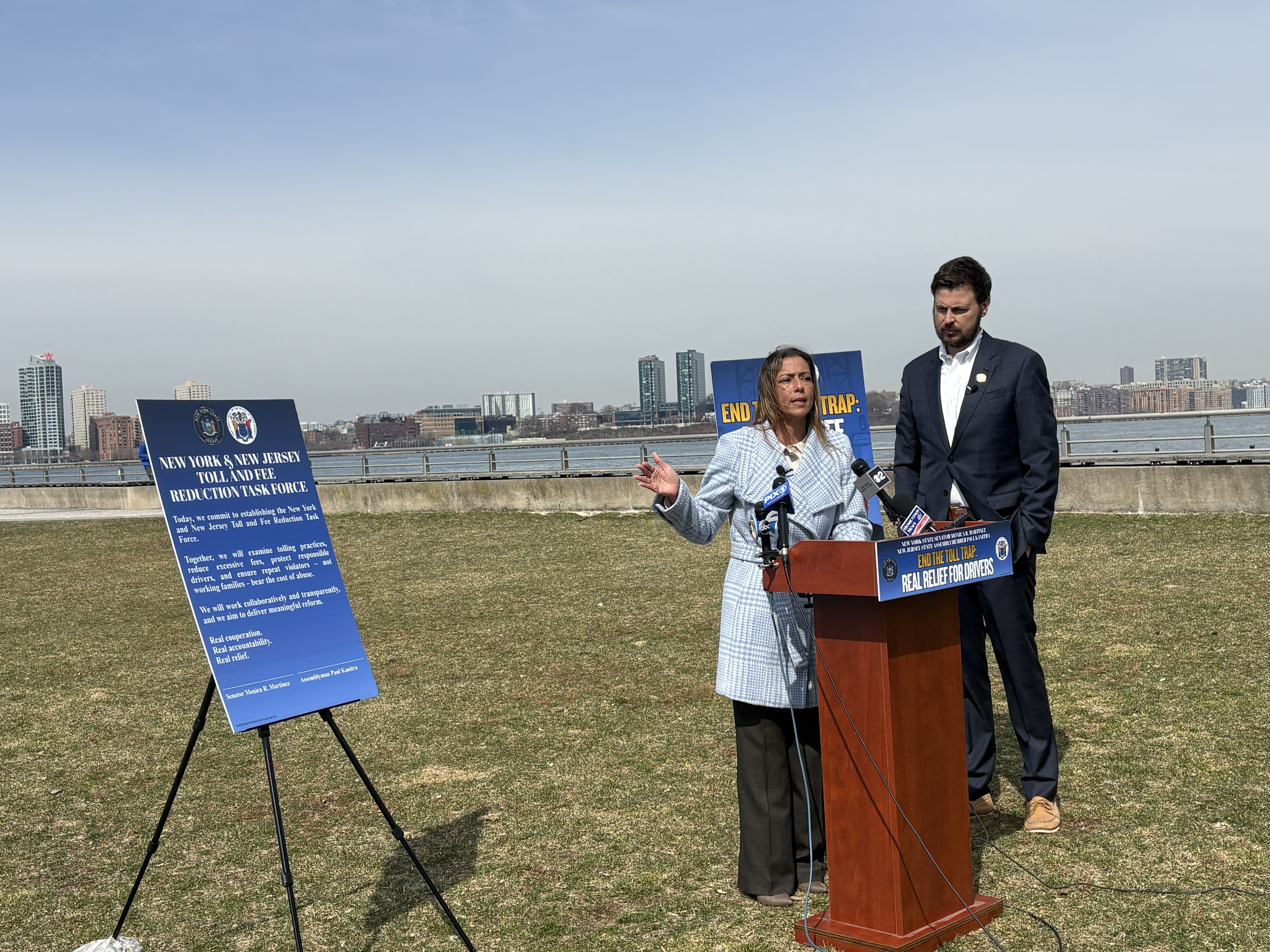 Photo: NY state Sen. Martinez and NJ Assemblyman Kanitra discuss new legislation to reduce overly onerous fees and fines during a Mar. 20, 2026 press conference.
