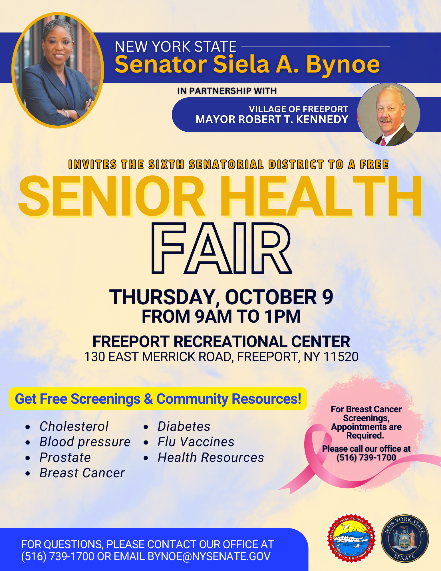 Flyer for Senator Bynoe's Senior Health Fair at the Freeport Rec Center on October 9