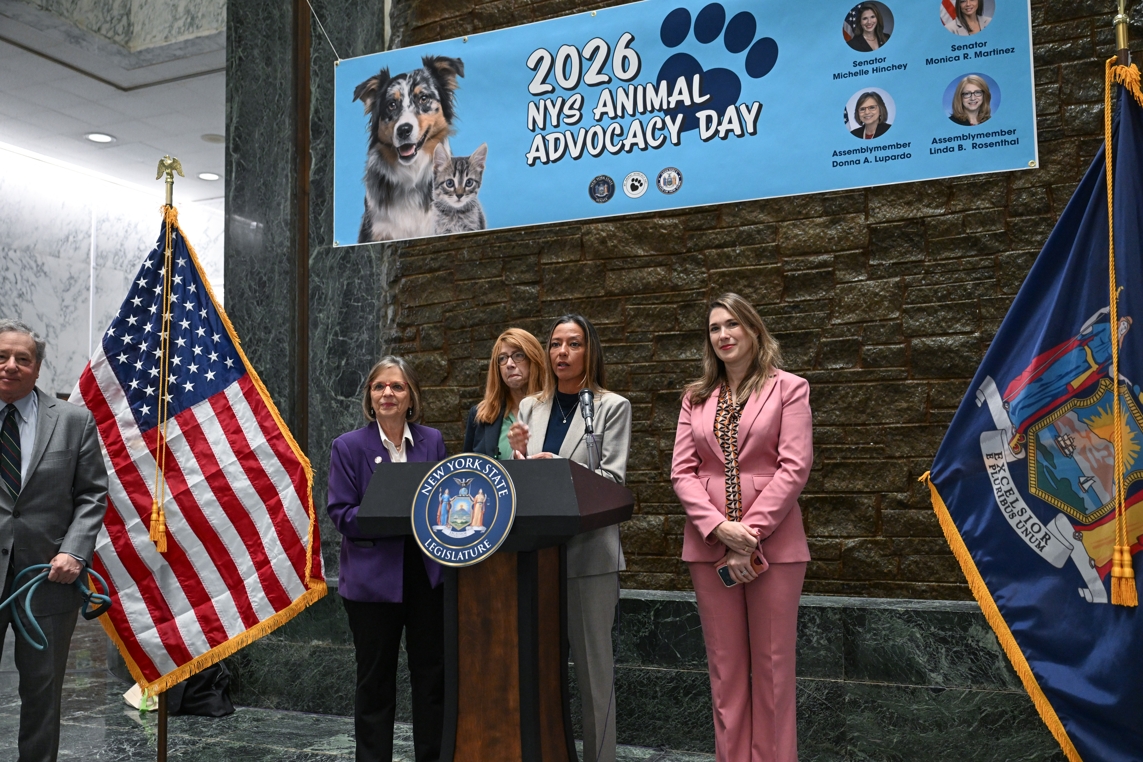 NYS Senator Monica R. Martinez speak from a podium during Animal Advocacy Day.
