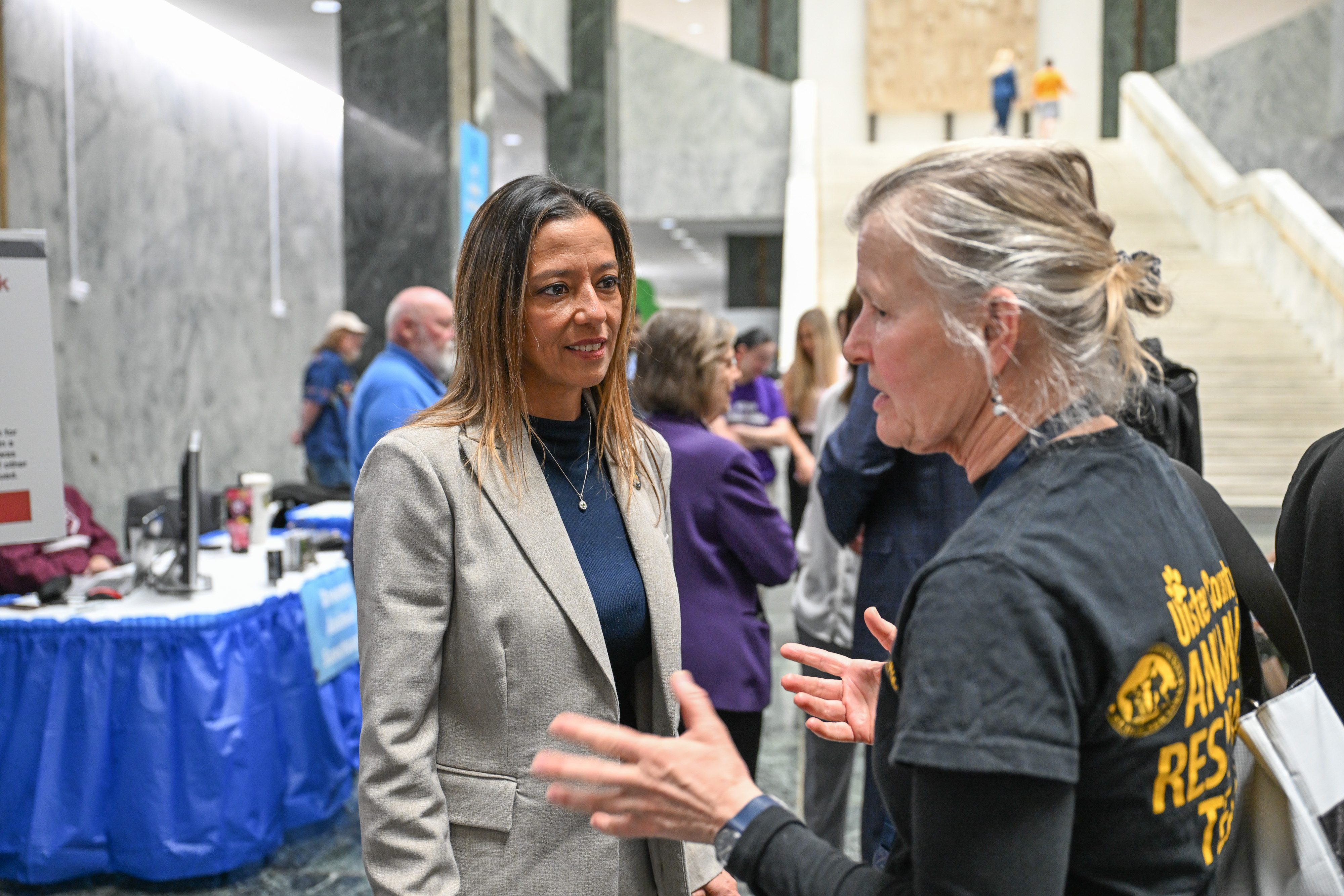 NYS Senator Monica R. Martinez speaks with a participant of 2026 Animal Advocacy Day.