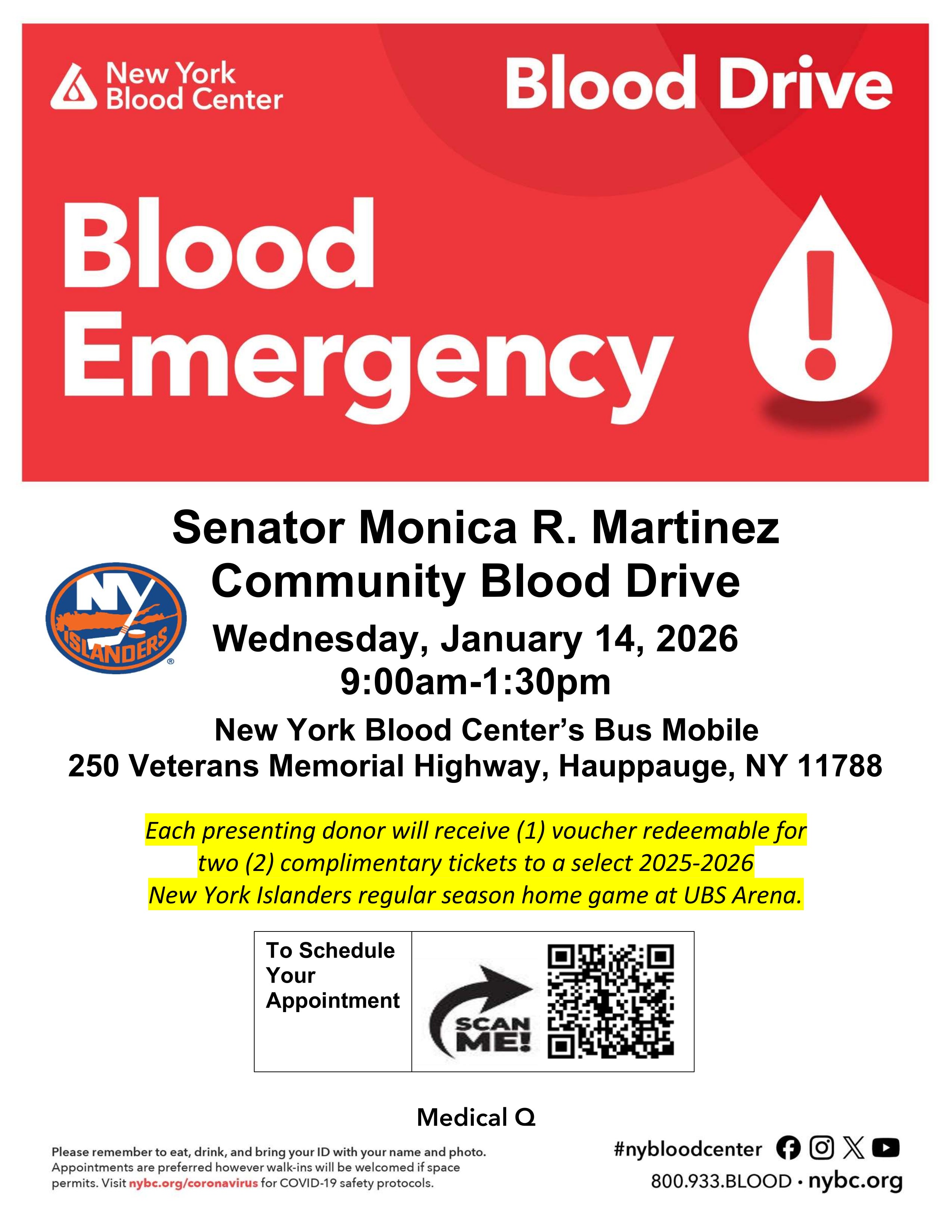 Image of the blood drive flyer containing the date, time, location, sign-up information and donor incentives.