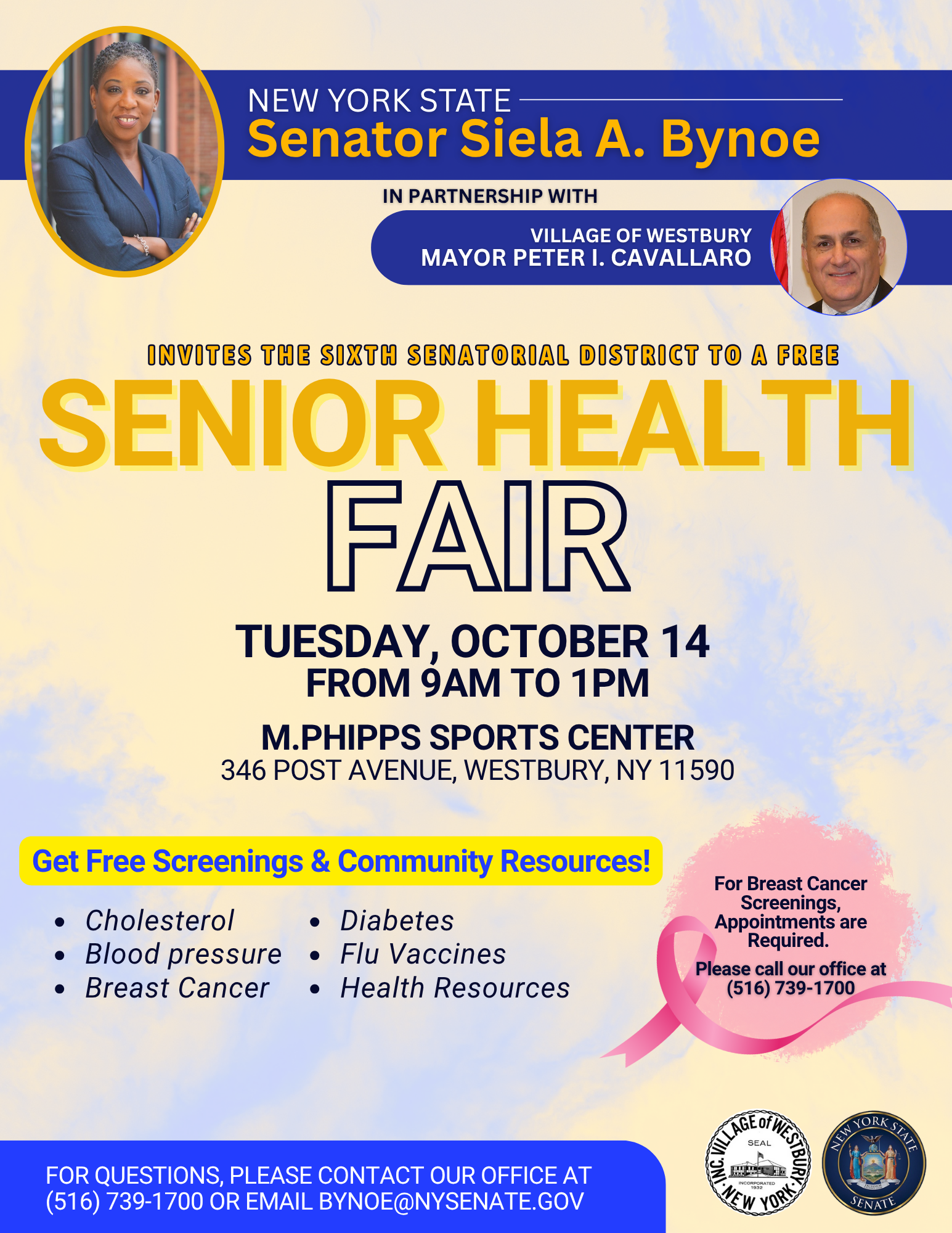 flyer for Senator Bynoe's Senior Health Fair at the Westbury Rec Center