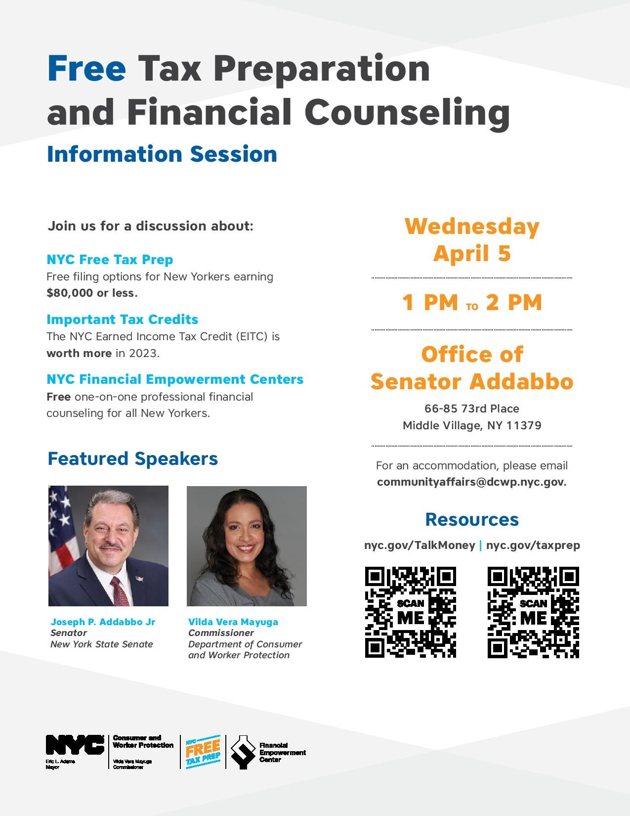 DCWP coming to Addabbo's office for information free tax prep event