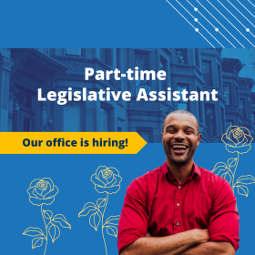 Jabari Brisport with the text "part time legislative assistant" and "our office is hiring"