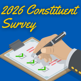 2026 Constituent Survey text over hand with a clipboard and survey