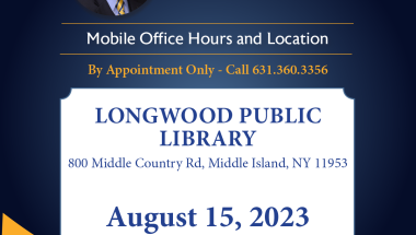 NYS Senator Dean Murray's Mobile Office Hours NYS Senator Dean Murray's Mobile Office Hours on August 15, 2023 from 5:00pm to 7:00pm at the Longwood Public Library by appointment only by calling 631-360-3356.