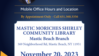 NYS Senator Dean Murray's Mobile Office Hours NYS Senator Dean Murray's Mobile Office Hours on November 20, 2023 from 5:00pm to 7:00pm at the Mastic Moriches Shirley Community Library - Mastic Beach Branch by appointment only. Please call 631-360-3356 to schedule an appointment.