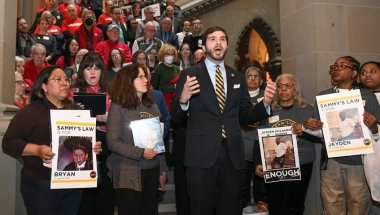 State Senator Andrew Gounardes speaks at a rally in Albany in support of Sammy's Law.