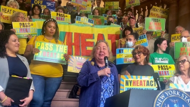 Senator Krueger speaks at a rally in support of the NY HEAT Act