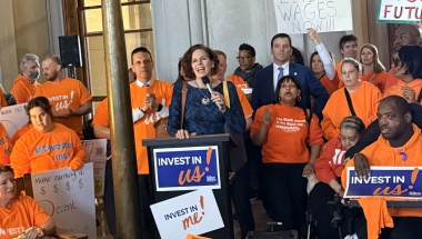 Senator Fahy standing with disability advocates, DSPs, and more at a rally calling for significant investments in the disability community as part of this year's budget.