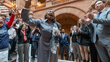 President Pro Tempore and Majority Leader Andres Stewart-Cousins addresses citizens in the State Capitol.