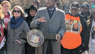 Senator Myrie and Advocates speaking at Gun Violence Press Conference in March 2025