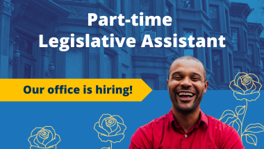 Jabari Brisport with the text "part time legislative assistant" and "our office is hiring"