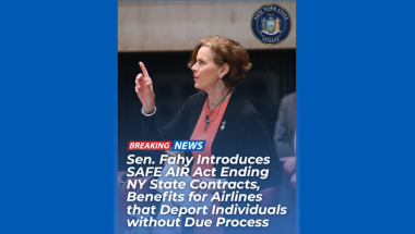 Senator Fahy speaking on the floor, overlayed text of her introducing SAFE AIR Act.