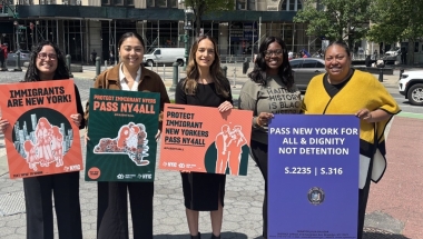 State Senators Kristen Gonzalez and Julia Salazar, and Assemblymembers Claire Valdez, Phara Souffrant Forrest, and Marcela Mitaynes after the 6.2.2025 NY4ALL and Dignity Not Detention Rally in Foley Square