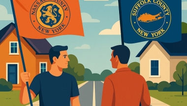 Vector image of cartoon people holding opposing Nassau and Suffolk County flags.