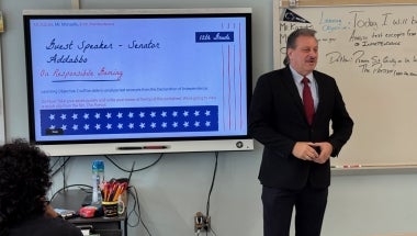 Senator Addabbo greets students at Maspeth High School.