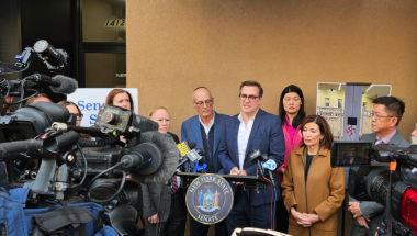 Photo of Senator Sutton, DL Michael Gianaris, Gov Hochul at Press Conference