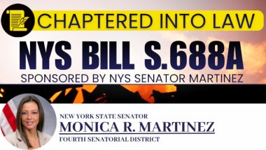 Photo Image of banner announcing NYS Bill S.688A chaptered into law.