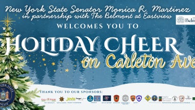 Graphic of Holiday Cheer on Carleton Avenue banner listing name of event and sponsors.