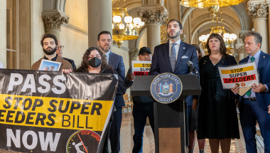 Sen. Andrew Gounardes rallies in support of his Stop Super Speeders Act.