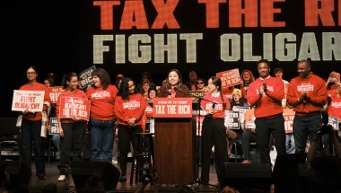 Senator Kristen Gonzalez and Assembly member Diana Moreno speaking at Senator Bernie Sander’s Tax the Rich Rally in the Bronx.