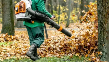 A gas-powered leaf blower blowing leaves