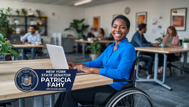 Woman wheelchair user with laptop at desk