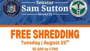 Flyer that read: Senator Sam Sutton; Free Shredding Tuesday August 25th, 10 AM to 1 PM