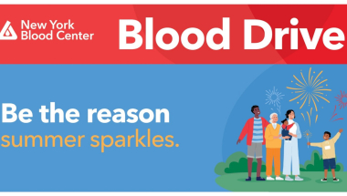 Banner Image of the NY Blood Center Logo with the phrases: "Blood Drive" and "Be the reason summer sparkles."