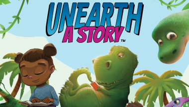 Cartoon Image of a child reading while sitting next to dinosaurs with the words "Unearth a Story."  