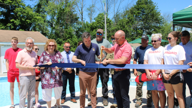 Skoufis, local officials cutting the ribbon at Mt. Lake Park Pool.