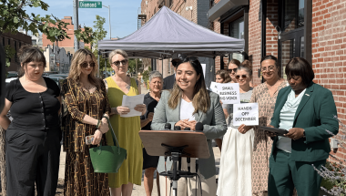 Senator Gonzalez speaking at the Aug. 20 press conference with Greenpoint small business owners