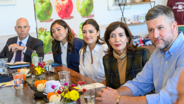 Senator Kristen Gonzalez with Governor Kathy Hochul and Representatives Alexandria Ocasio-Cortez and Pat Ryan