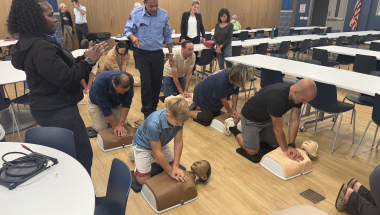 Many people participated in the session, overseen in this photo by instructors Pierre Laloi and Angela Jones.