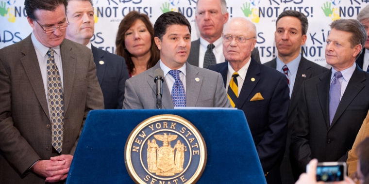 Senator Amedore speaks at a Capitol press conference last year about the importance of fully funding our public schools and eliminating the GEA.